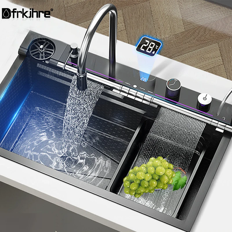 Fregadero de cocina de cascada de acero inoxidable gris, juego de grifería con pantalla Digital integrada de ranura única grande, dispensador de jabón, lavadora de tazas