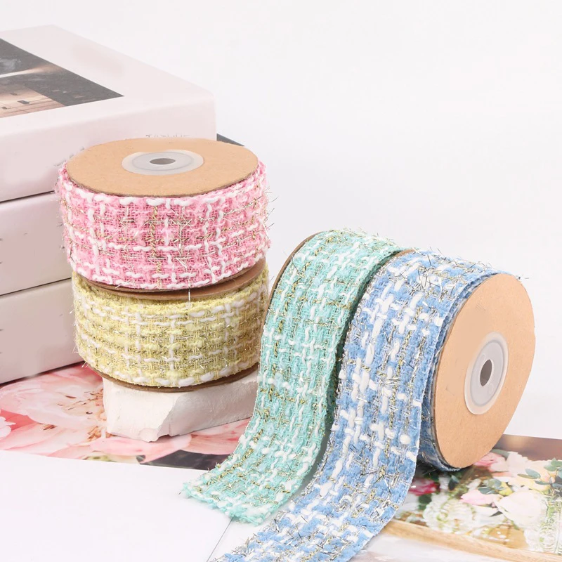 10 Yards 38MM Golden Thread Plaid Pachynema Knit Ribbon Hair Bows DIY Crafts Handmade Accessories Sewing Supplies