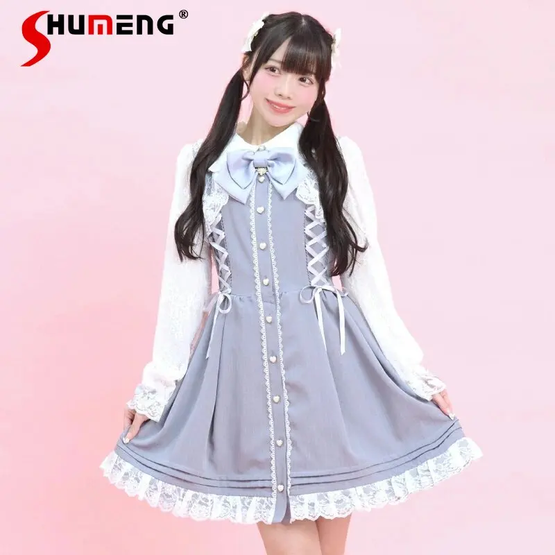 

Japanese Mines Style Sweet Cute Lolita Dresses Lace Spliced Big Bow Single-breasted High Waist Lace-up Striped Dress for Women