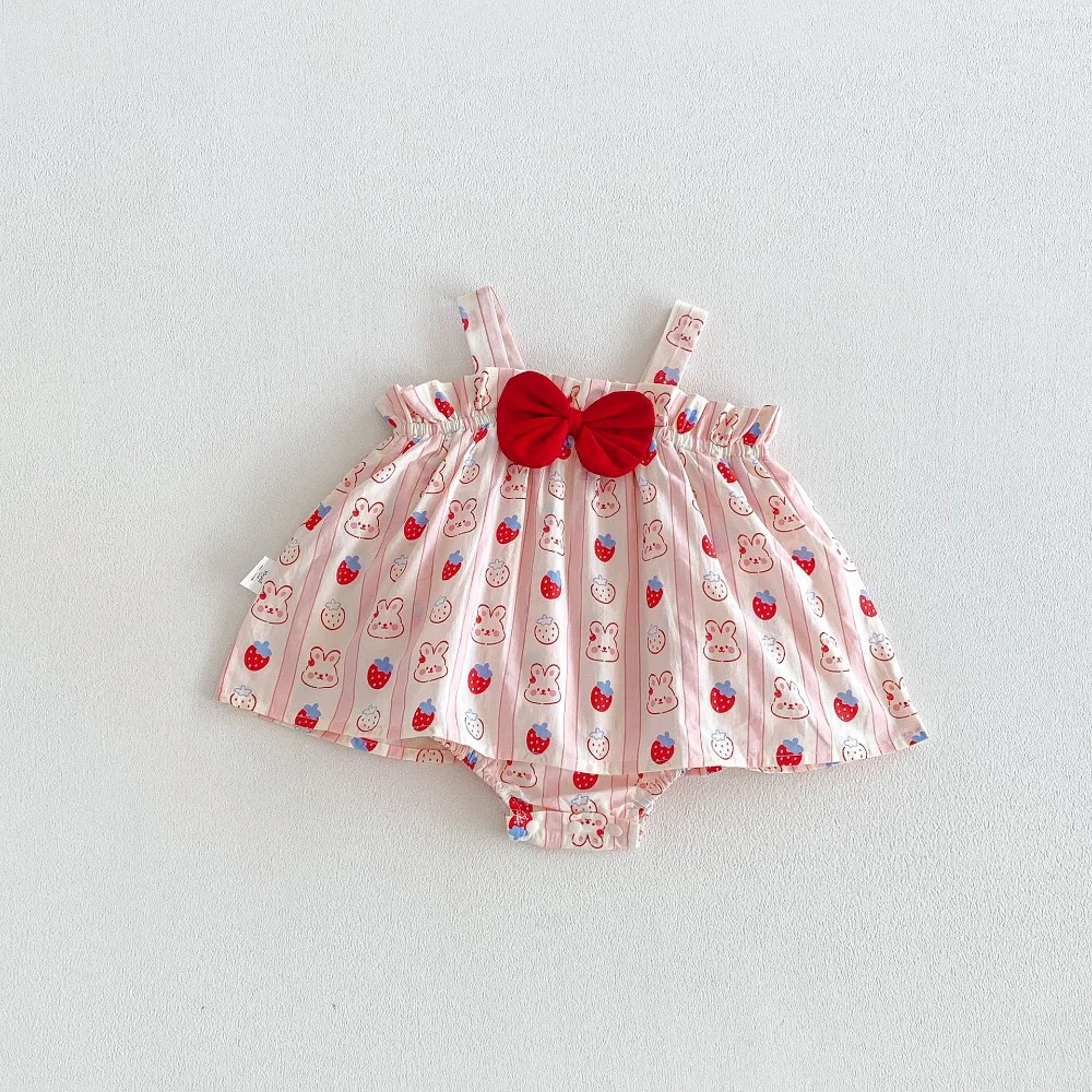 Cute Baby Girl Dress Romper 0-2Years Newborn Princess Sleeveless Strawberry Rabbit Print Cotton Skirted Bodysuit Summer Clothes