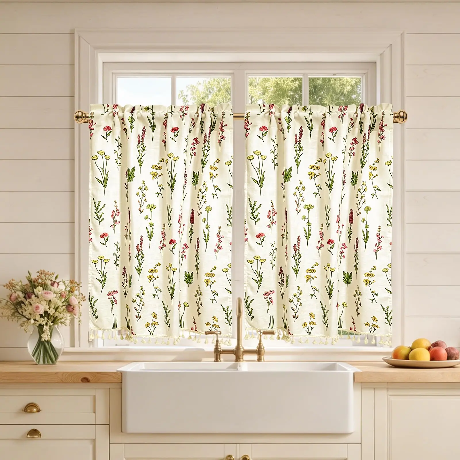 Floral Farmhouse Cafe Curtains Linen Blend 2 Panels Light Filtering For Kitchen Sink Bathroom Living Room Small Windows