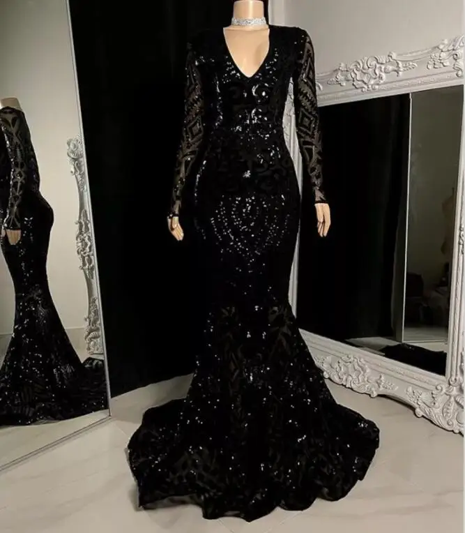 Black South African พรหม Mermaid V คอแขนยาวเลื่อมสีดำหญิงไนจีเรีย Robe De Soiree ชุดราตรีชุด