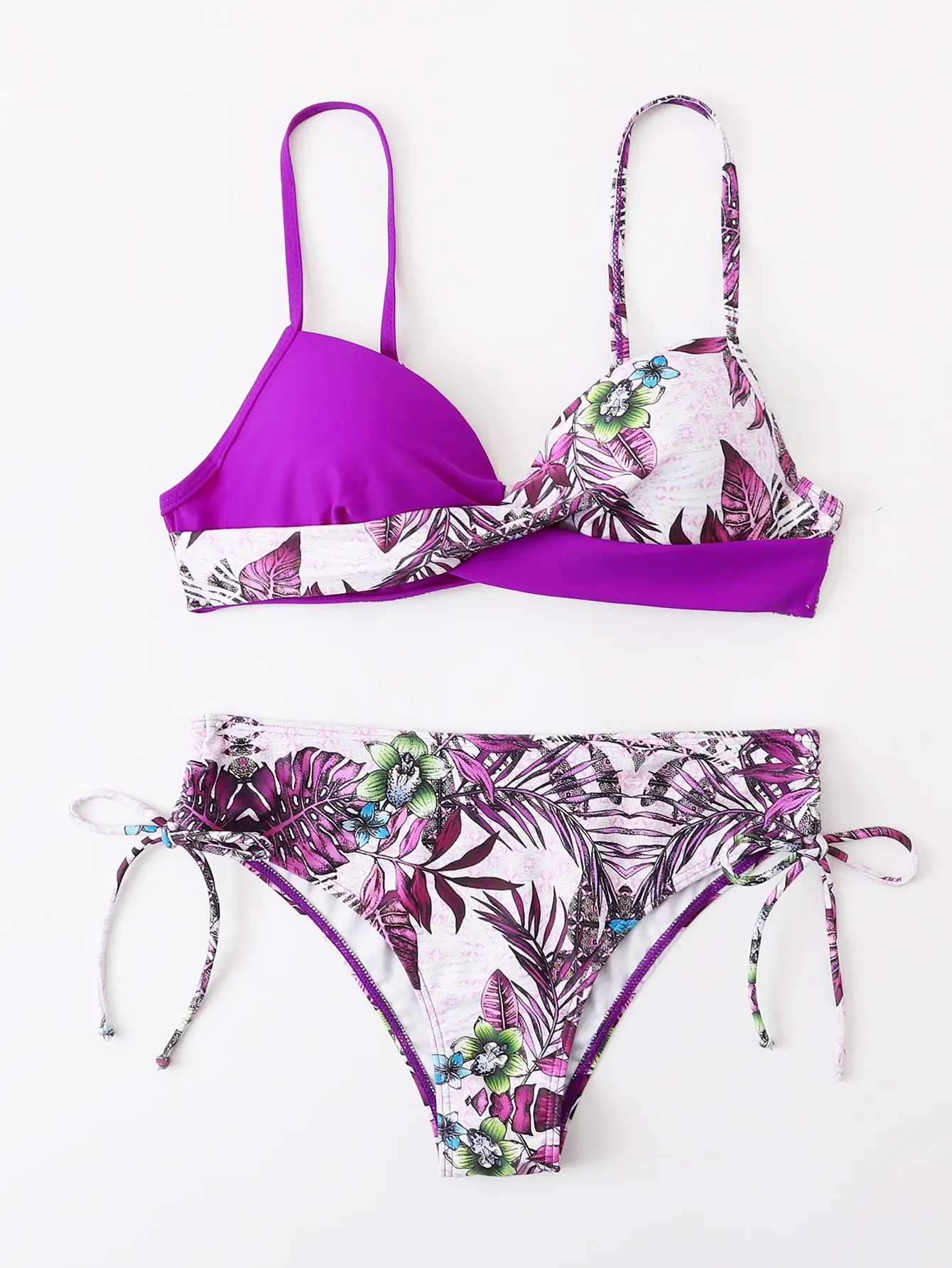 Tropical Print Bikini 2024 Women Drawstring Swimwear Female Push Up Swimsuit Beachwear Bathers Bathing Swimming Swim Suit