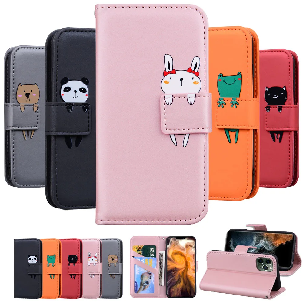 Cute Cartoon Frog Leather Phone Case For Samsug Galaxy A3 A5 J3 J5 J7 2017 A6 A7 J4 J6 Plus 2018 M33 M53 M23 M32 Card Book Cover