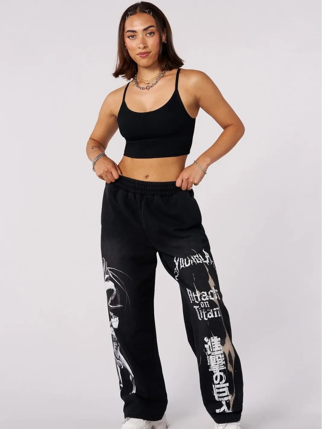 YOUNGLA American cartoon Attack on Titan Jogger cotton wool print wide leg trousers