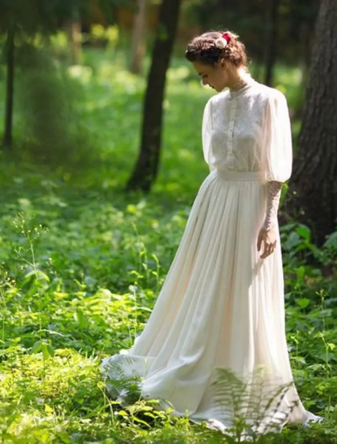 Vestidos de novia acampanados con cuello alto, gasa de encaje, manga larga, romántico, Vintage, elegante, plisado con botones, 2022