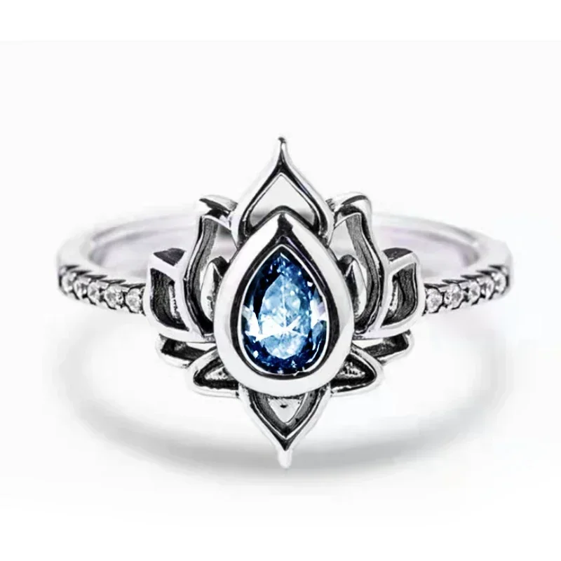 Aesthetic Lotus Flower Rings with Water Drop CZ Exquisite Women Finger-rings Fancy Anniversary Gift New Trendy Jewelry