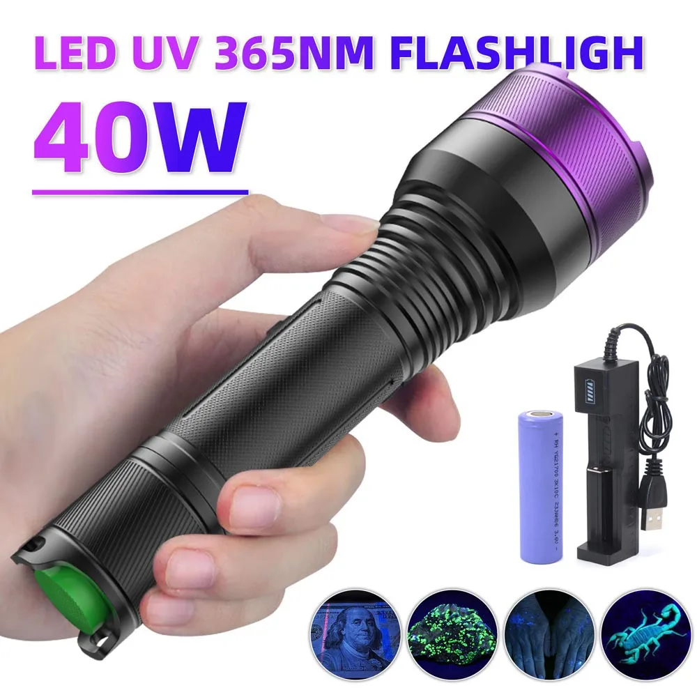 40W quad core LED 365nm UV Flashlight High Power Purple Light Lantern Fluorescent Antigen Reagent Detection Black Mirror Lamp