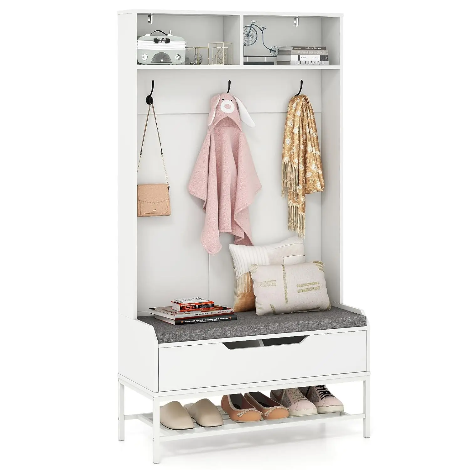 69 Inches Hall Tree, 4-in-1 Coat Rack with Bench and Shoe Storage, Seat Cushion, Open Compartments, Customized
