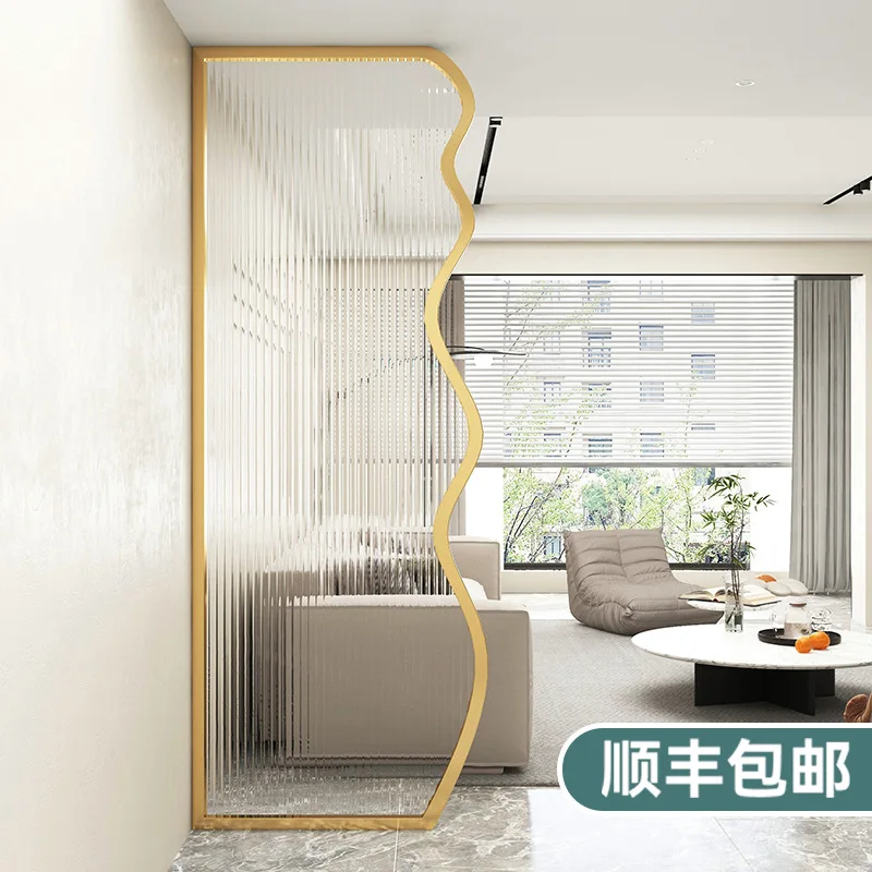 

Glass partition entrance into living room Stainless steel modern simple bathroom half wall water pattern screen