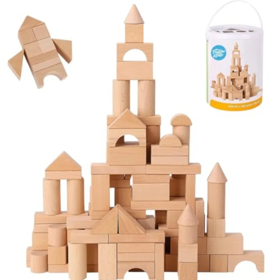 

Wooden Blocks - 100 Pcs - Building Blocks for Toddlers - Includes Storage Container with Shape Sorter Lid - Beech Wood Blocks -