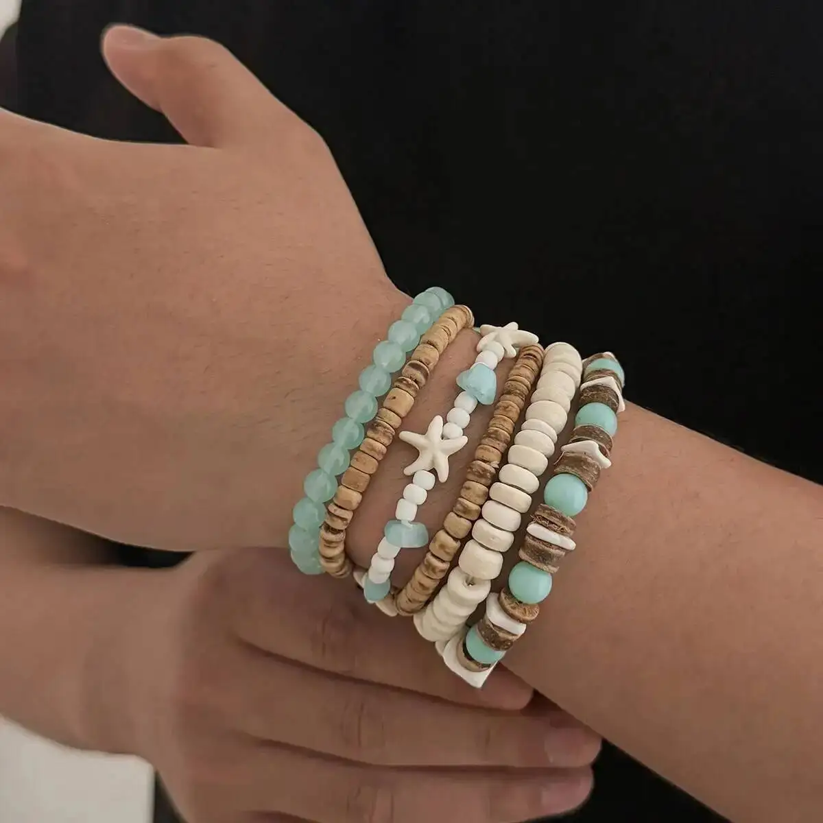 Ingemark 6 Pcs/Set Vintage Trendy Coconut Husk Glass Beads Bracelet Men Bohemia Starfish Plastic Rice Beaded Bangle Jewelry New