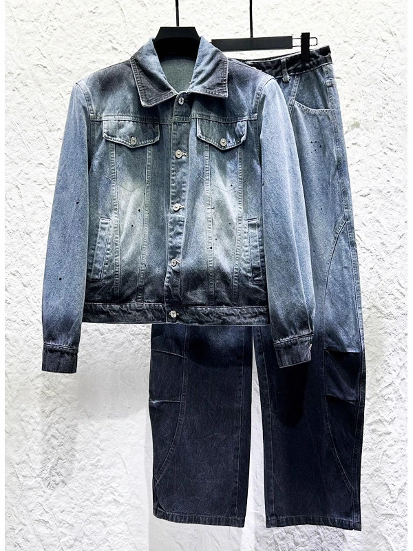 Men's 2025 Autumn New Personality Contrast Color Loose Denim Jackets Curved Pants American Style Retro Trendy Tooling Denim Sets