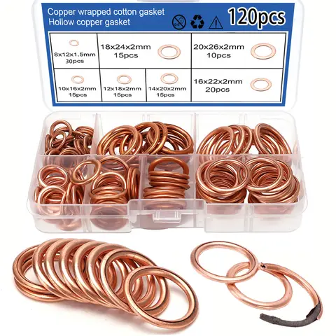 120pcs Copper Gaskets, Sealing Gaskets, Crushed Gaskets, Oil Pan Round Screw seals, Extruded Gaskets