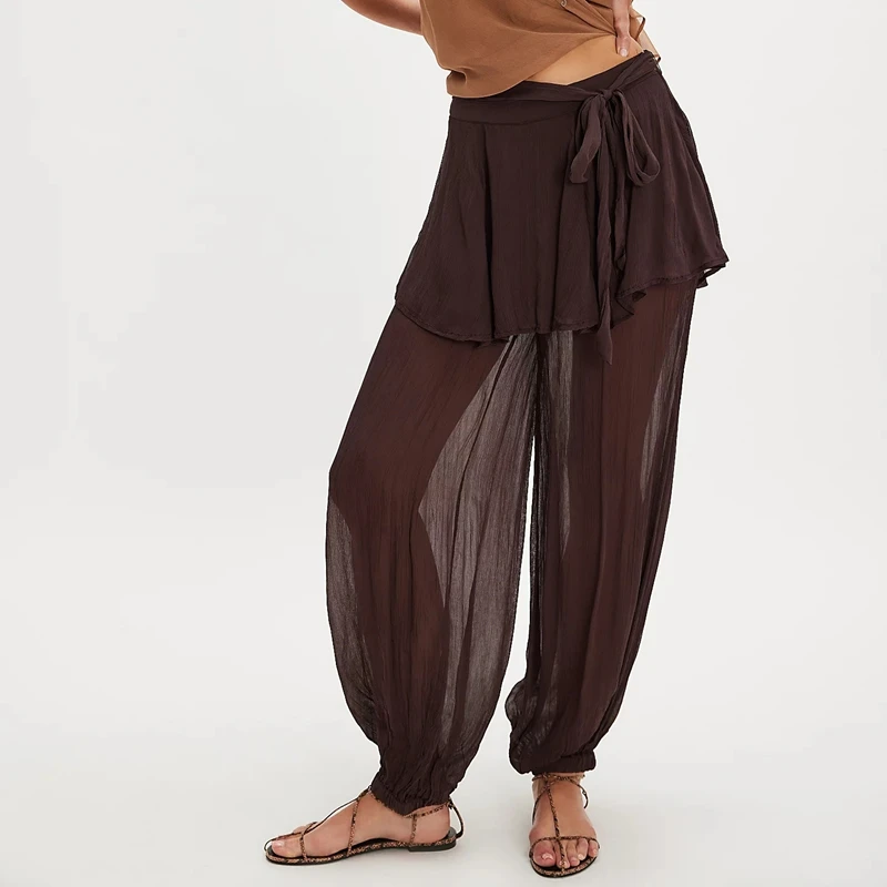 Women's Long Bloomers Layered Skirted Pants with Belt Tied Sheer Balloom Mid Rise Sheer Slips Bubble Culottes Bottoms