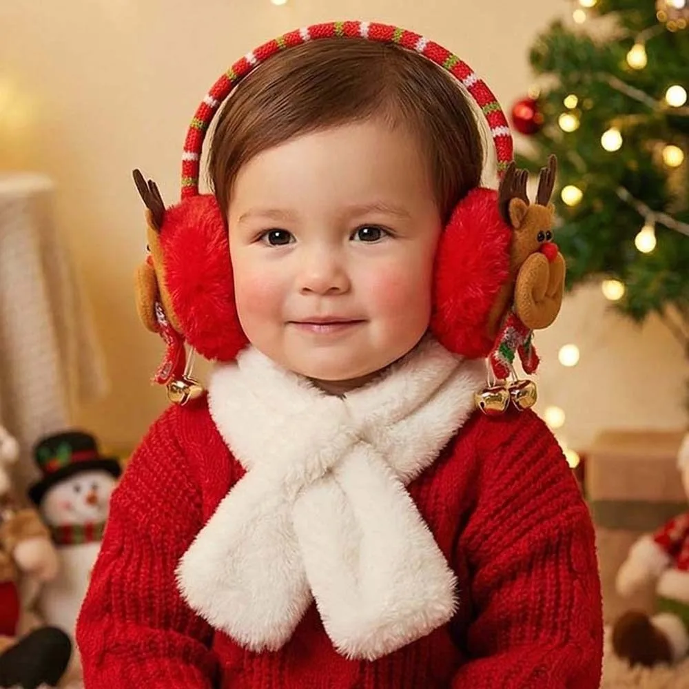 Soft Fabric Christmas Plush Earmuff Bright Red Thick Padding Cartoon Santa Headband Sequin Detail Elastic Band Winter Ear Warmer