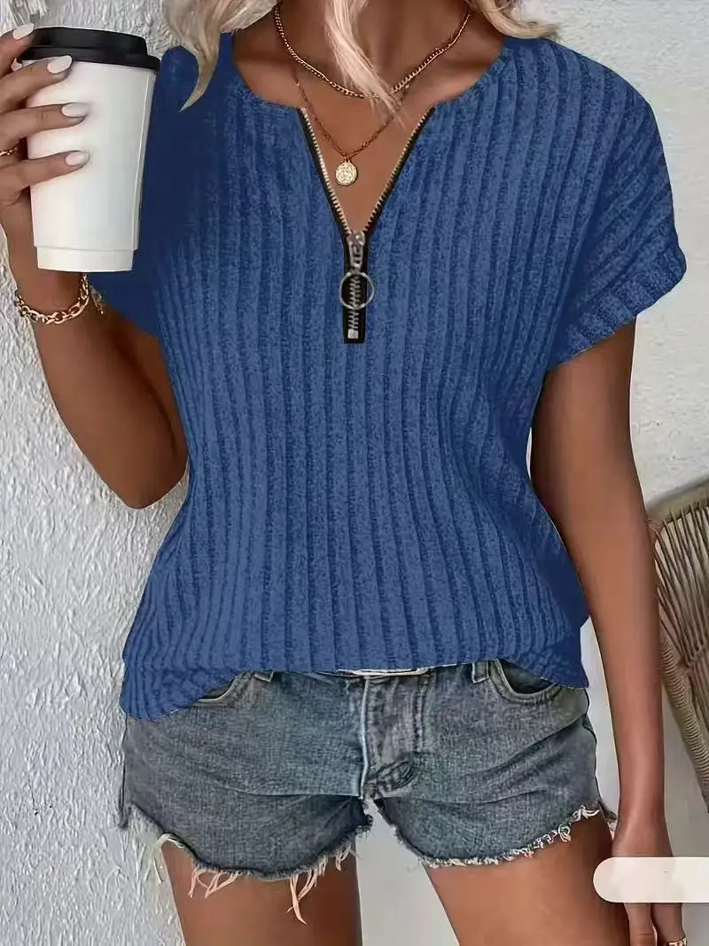 Women's Zipper Stripe Short Sleeve Hooded T-Shirt 2025 Fashion Casual Top for Ladies