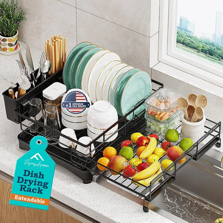 

APSARAS USA Dish Drying Rack Extendable Dish Rack with Cutlery Holder Over The Sink Dish Drying Rack Kitchen AntiRust Black Dis