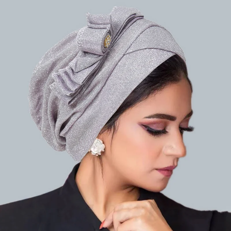 KepaHoo Beautiful Women Shiny Bowknot Beanies Muslin Ruffled Turban Hijab Headscarf Wrap Hair Cover Bonnet Cap Hat Headwear