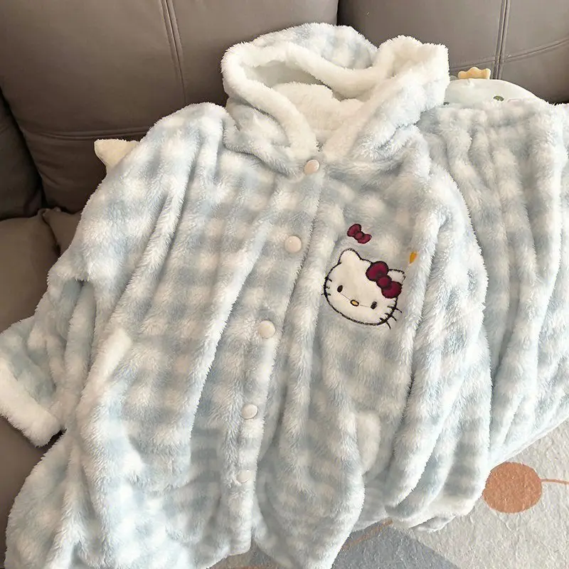 

Nightgown Hello Kitty Girls Autumn and Winter Thickened Flannel Cartoon Student Coral Fleece Hooded Long Pajamas Home Clothes