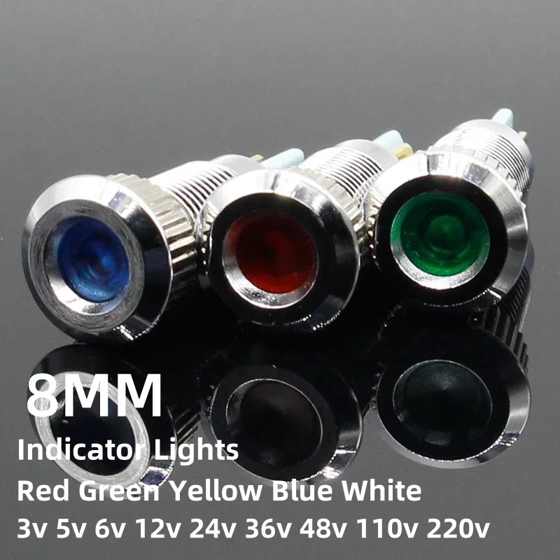 

1 шт., металлический индикатор, светодиодный 8 мм, водонепроницаемая сигнальная лампа, 6 В, 12 В, 24 В, 220 В, точечный светильник, цветной вогнутый индикатор