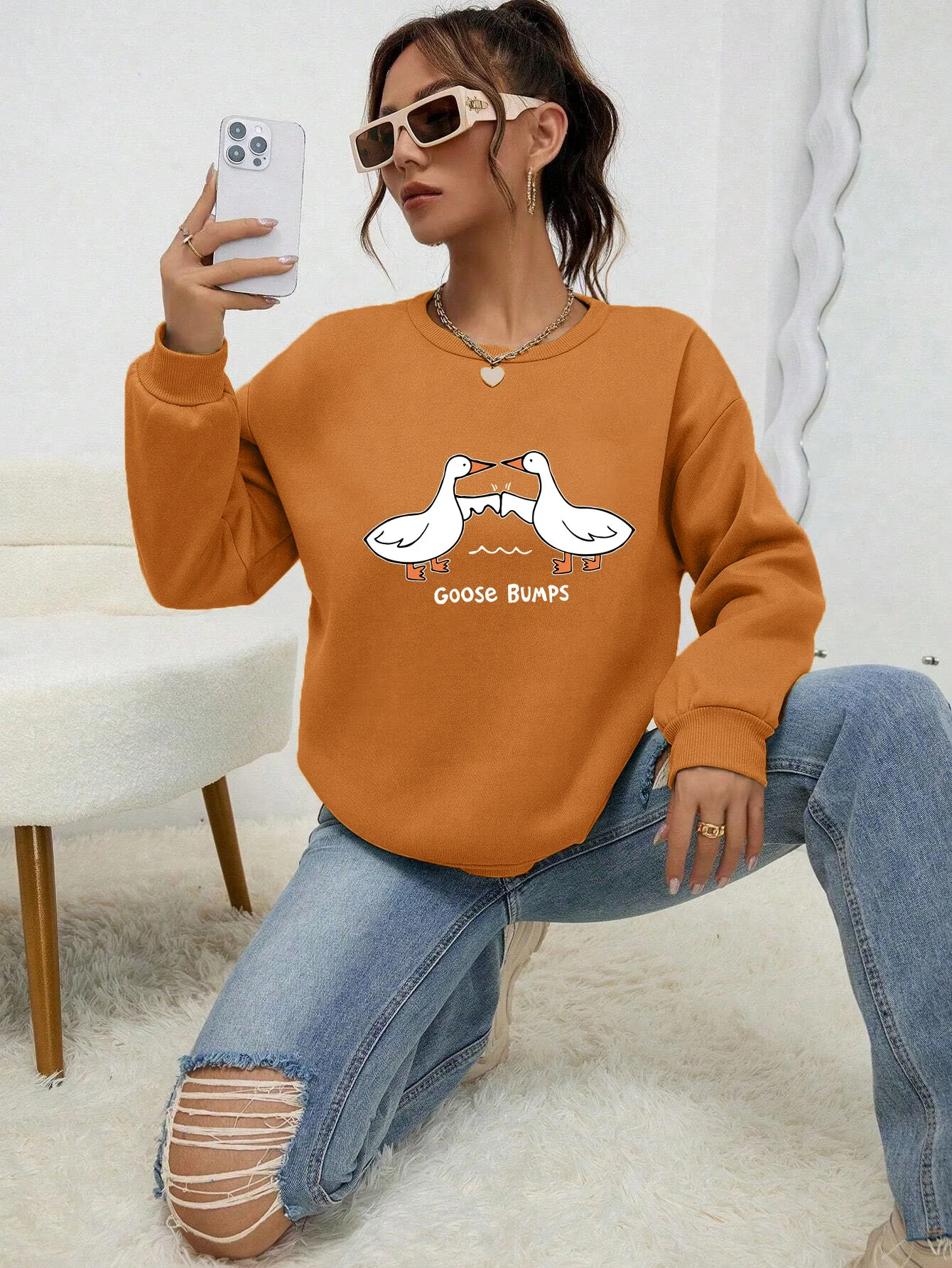 2 Goose Bumps White Printing Hoody Women Autumn Warm Sweatshirt Cartoon Street Hoodie Casual Crewneck Clothing For Female