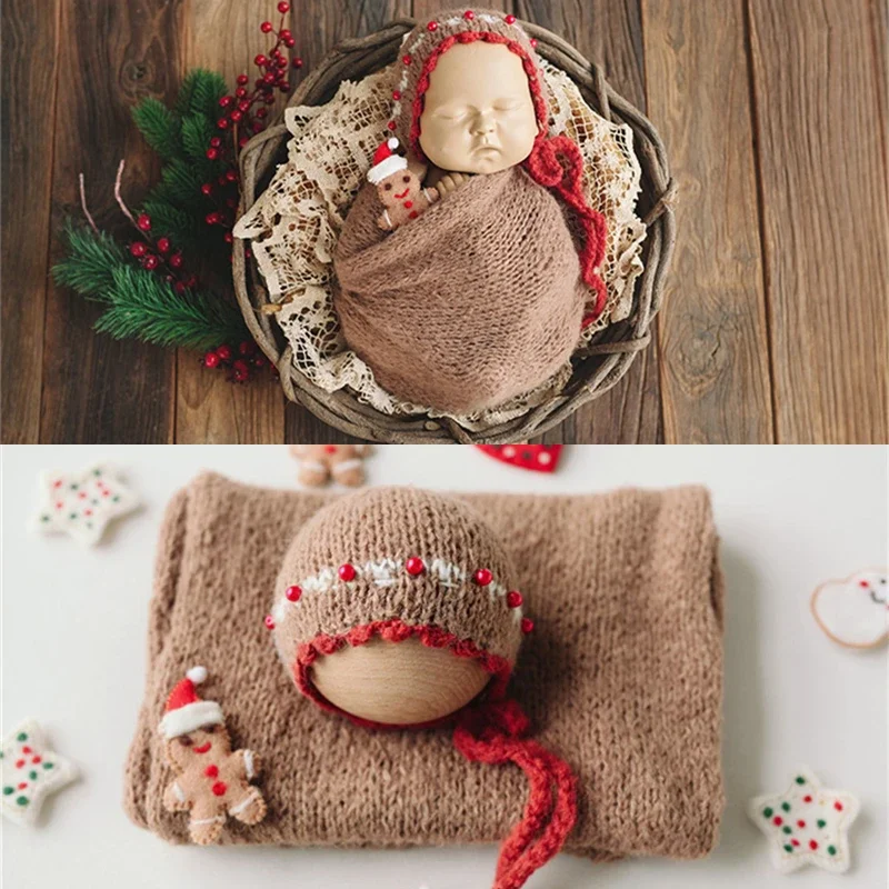 Newborn Photography Props Handmade Christmas Gingerbread Knitted Wraps Hat 2pcs Set Background Blanket Photo Shooting Props