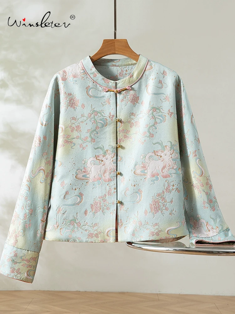 

Winsleter-100% Элегантное пальто из парчи из настоящего шелка Song, пэчворк на пуговицах с круглым вырезом, женское свободное пальто в стиле ретро, зима 2025 года C5N807CC