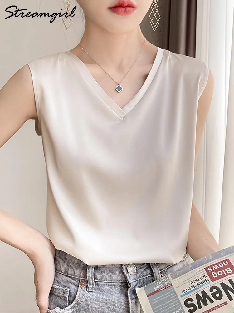 Silk Blouse Women Sleeveless Satin 2022 Summer Basic V Neck White Blouses Sleeveless Silk Summer Clothes For Women Blouses Black