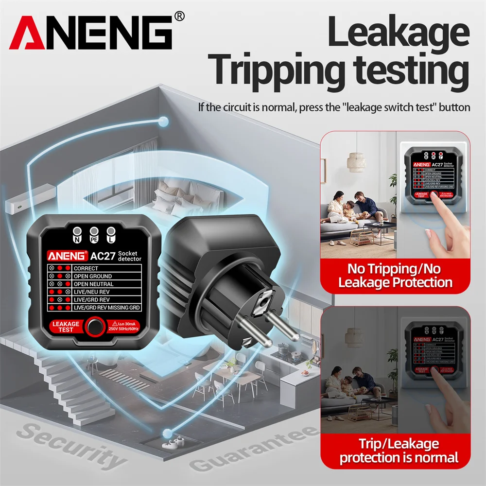 ANENG AC27 Voltage  Electrical Socket TesterLeakage Test Check Open Ground Neutral Live Wire Reverse Wiring Fault Detection Tool