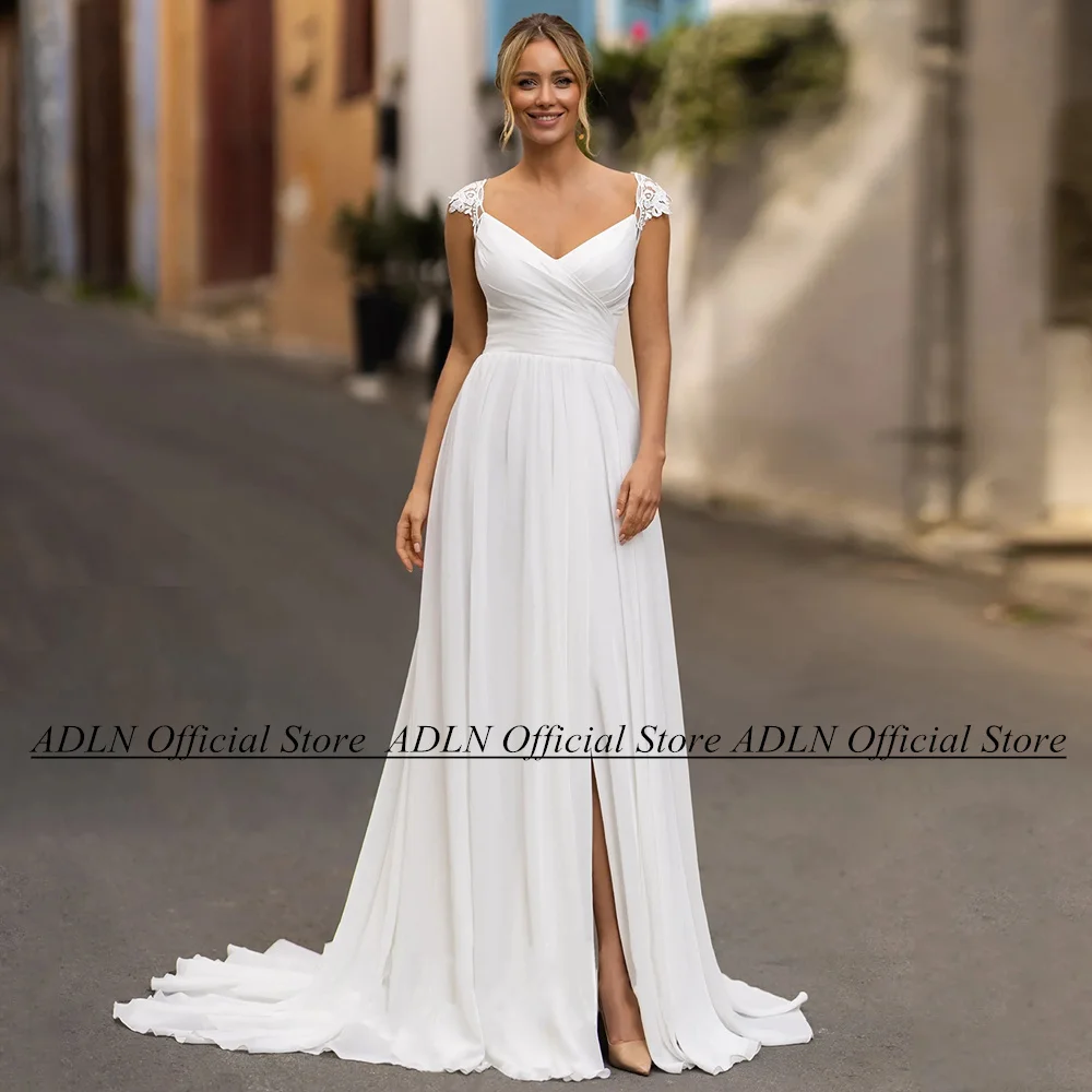 

Beach Wedding Dress for Woman Bride Cap Sleeve V Neck Pleat Side Slit Sweep Train Boho Bridal Gown Vestidos De Novia 2024