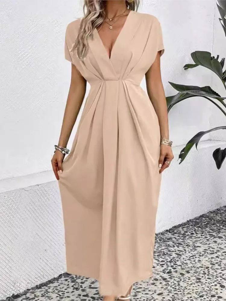 

Spring Summer New Elegant Women's Short-sleeved Mid-length Dress Sexy Deep V-neck Pleated High-waisted Temperament Long Skirt