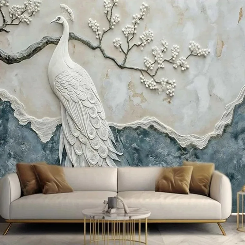 Modern Abstract Animal 3D Peacock Wall Mural Boughs and flowers Stereo Relief Art for Living Room Bedroom TV Wall Home Decor