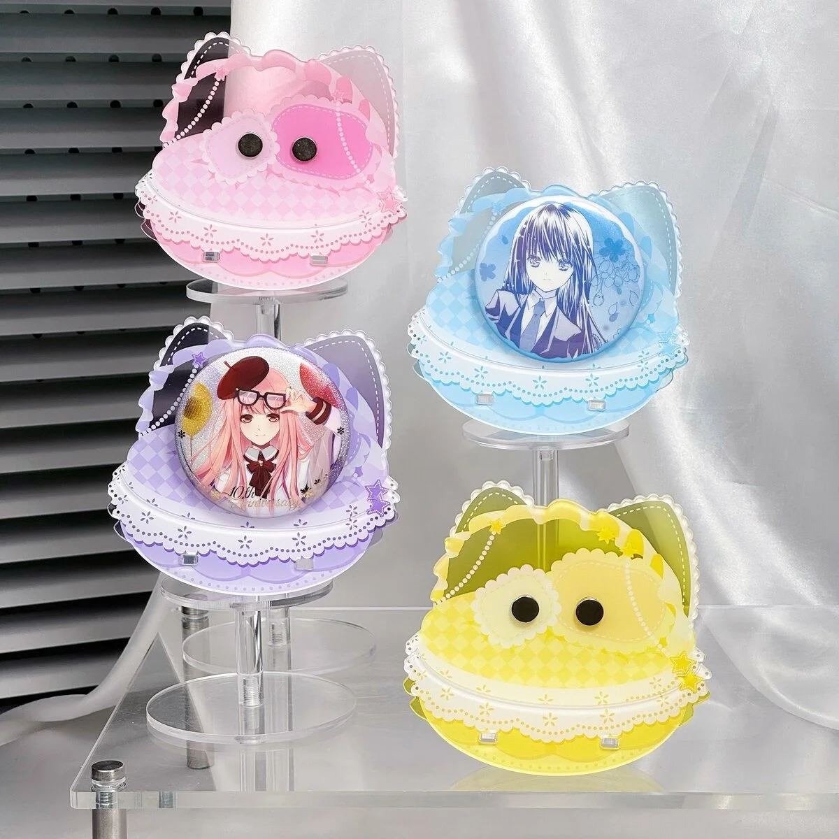 Cat Ear Cradle 58/65/75mm Acrylic Magnetic Badge Display Stand, Kawaii Swing Pins Backplate, Fits Anime Merch Layout Decor Prop