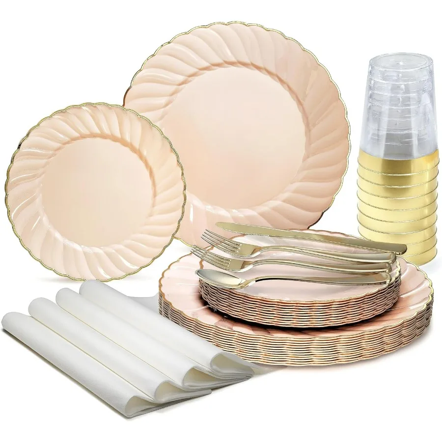 

OCCASIONS, набор из 640 предметов, 80 гости, винтажные одноразовые пластиковые тарелки для свадебной вечеринки, 80 x 10,25 дюйма + 80 x 7,5 дюйма + серебряная посуда + золотой ободок Cu