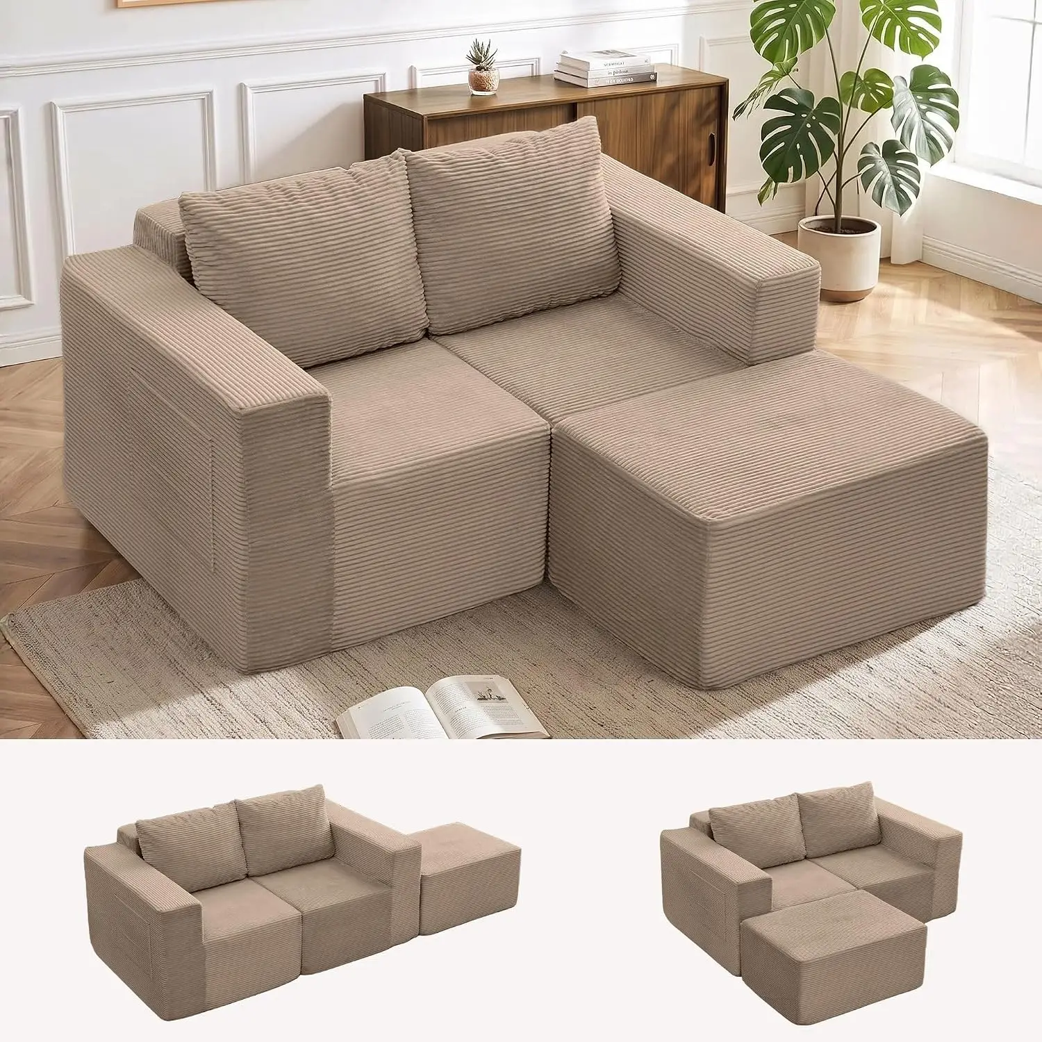 Corduroy Modular Sectional Sofa with Ottoman, Deep Seat L Shaped Couch with Side Pockets, No Assembly, Customized