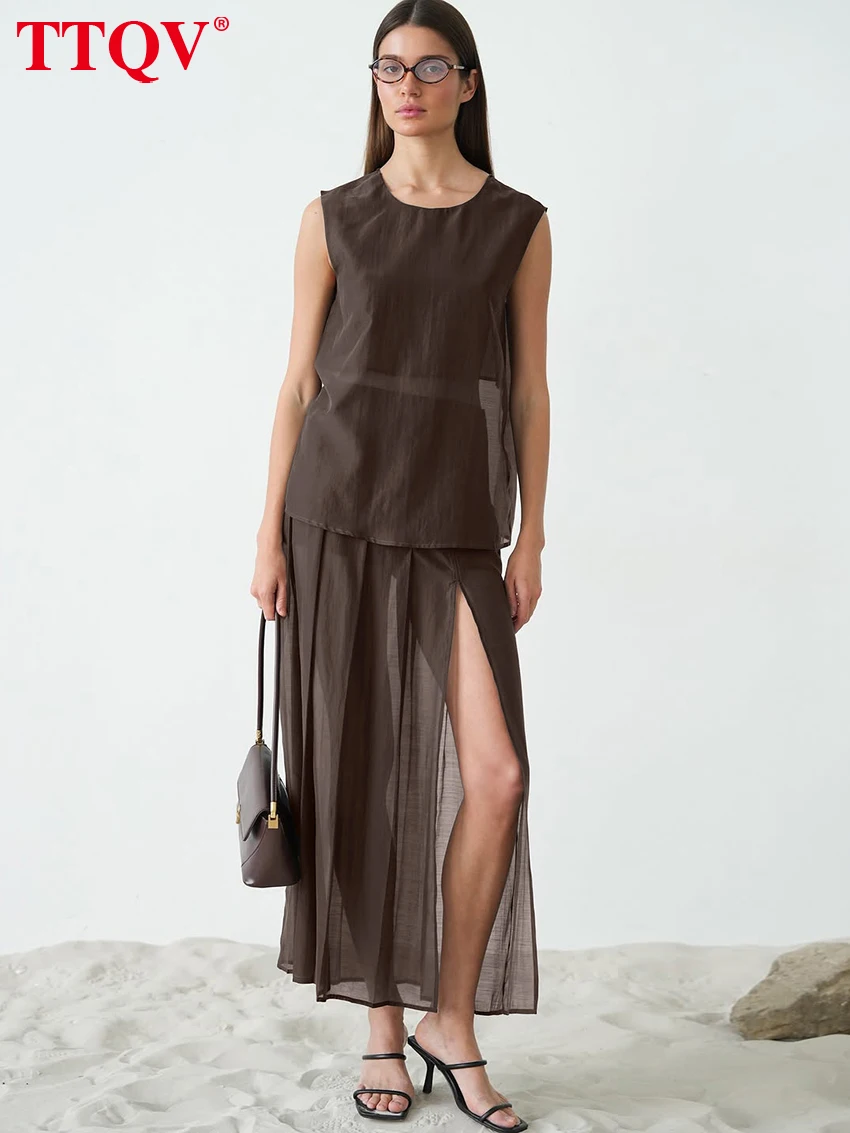 

TTQV Summer Loose Brown Two Piece Outfits Woman 2026 Fashion Sleeveless Tank Top With High Waist Long Skirt Set Female Clothing