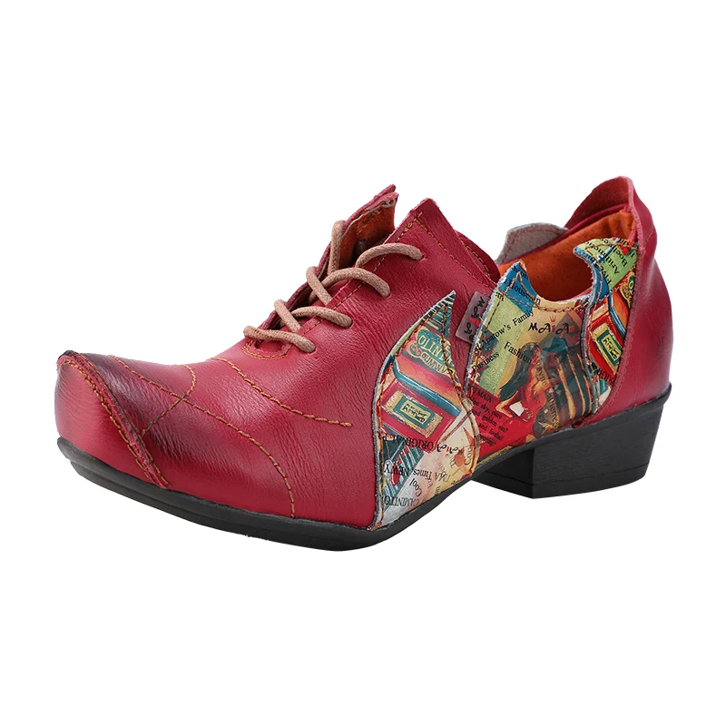 2024 Germans' Favorite Retro Print Leather  Women's  Low-Heeled Trendy Shoes