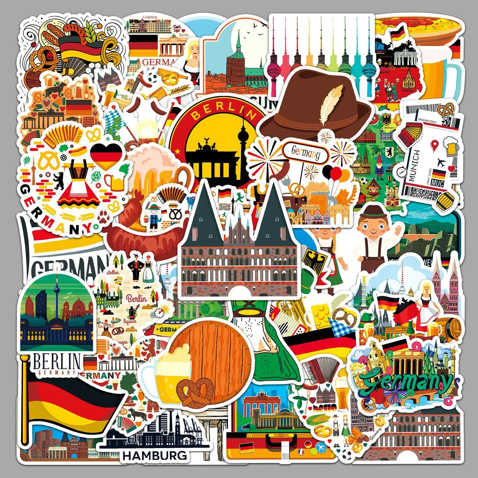 

50PCS Germany Travel Stickers Germany Landmark German Culture Beer Food Cartoon Style Decorative Waterproof Stickers Kids Toy