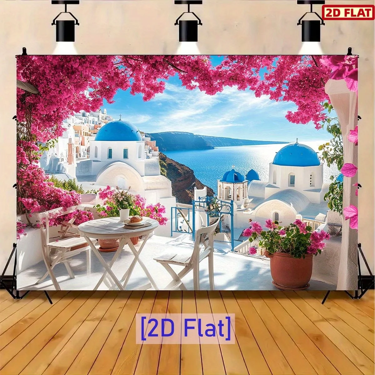 2D Flat, 1pc Santorini Greece Wall Tapestry 2D Flat Print Scenic View Blue Domes Pink Flowers Mediterranean Decor Living Room