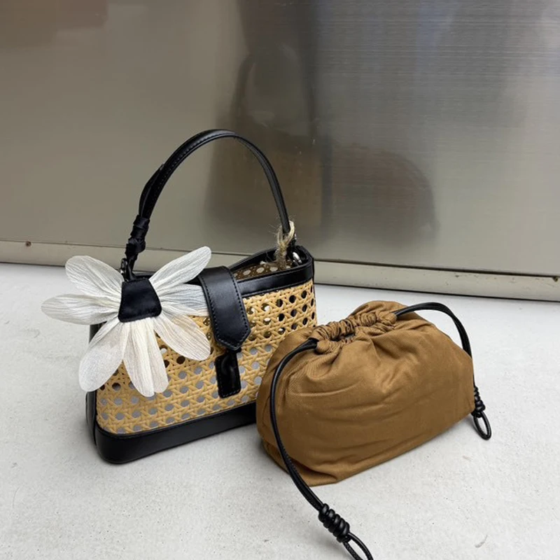 Bohemian Hollow Small Bags For Women Luxury Designer Handbags And Purses 2026 New In PU Bamboo Weaving Flower Ornaments Shoulder