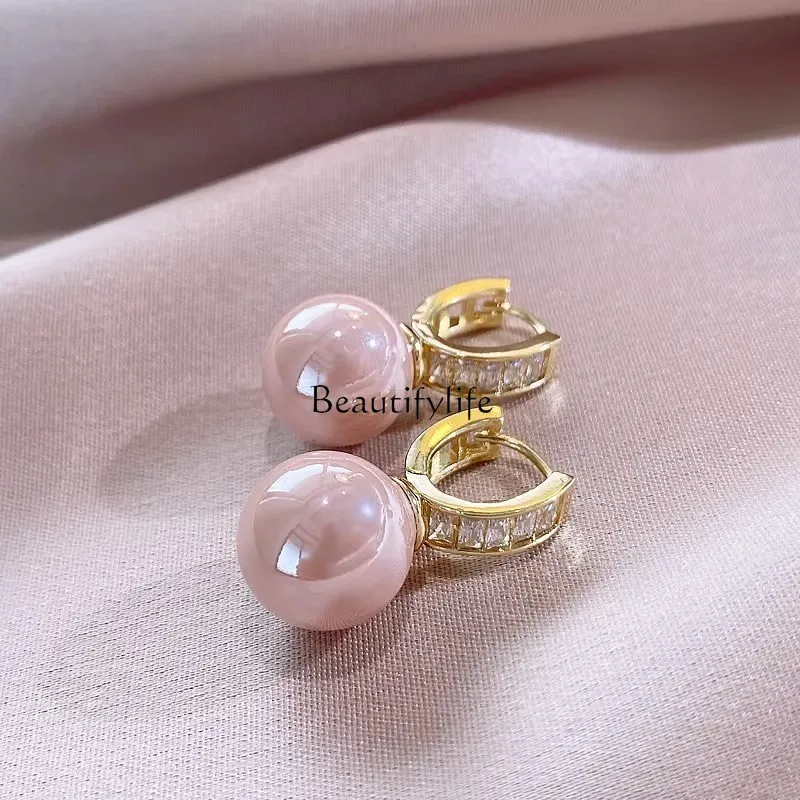 

Pink pearl earrings women's 2024 new trendy high-end sense light luxury temperament ear buckle