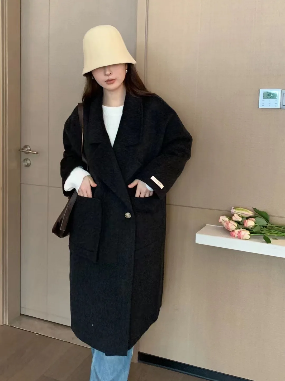 Buitreraptor Women's Winter Outerwear Gray Thick Woolen Coat 2024 Elegant Long Sleeve Pocket Detail Loose Fit Button Closure