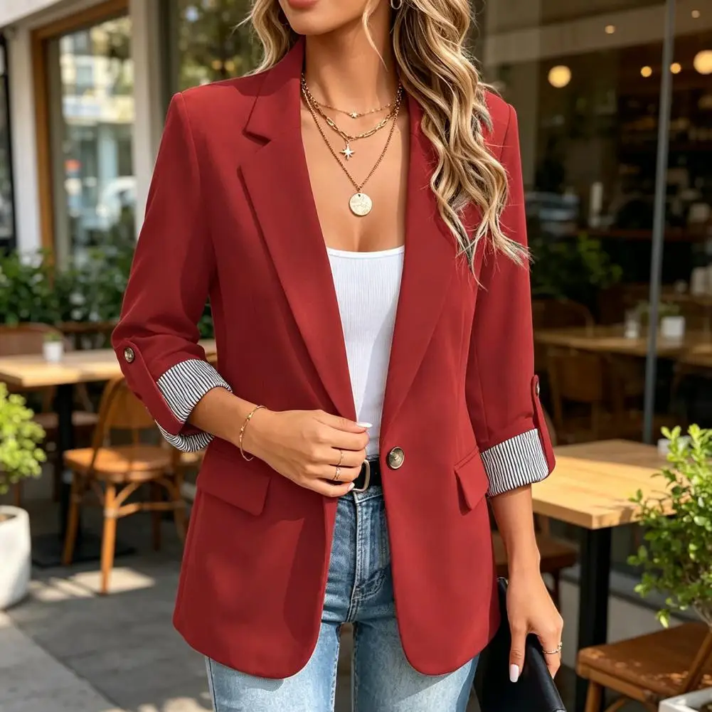 Women Office Blazer Women Lapel Collar Blazer 3/4 Sleeve Business Suit Jacket Office Work Short Blazer with Button Detail