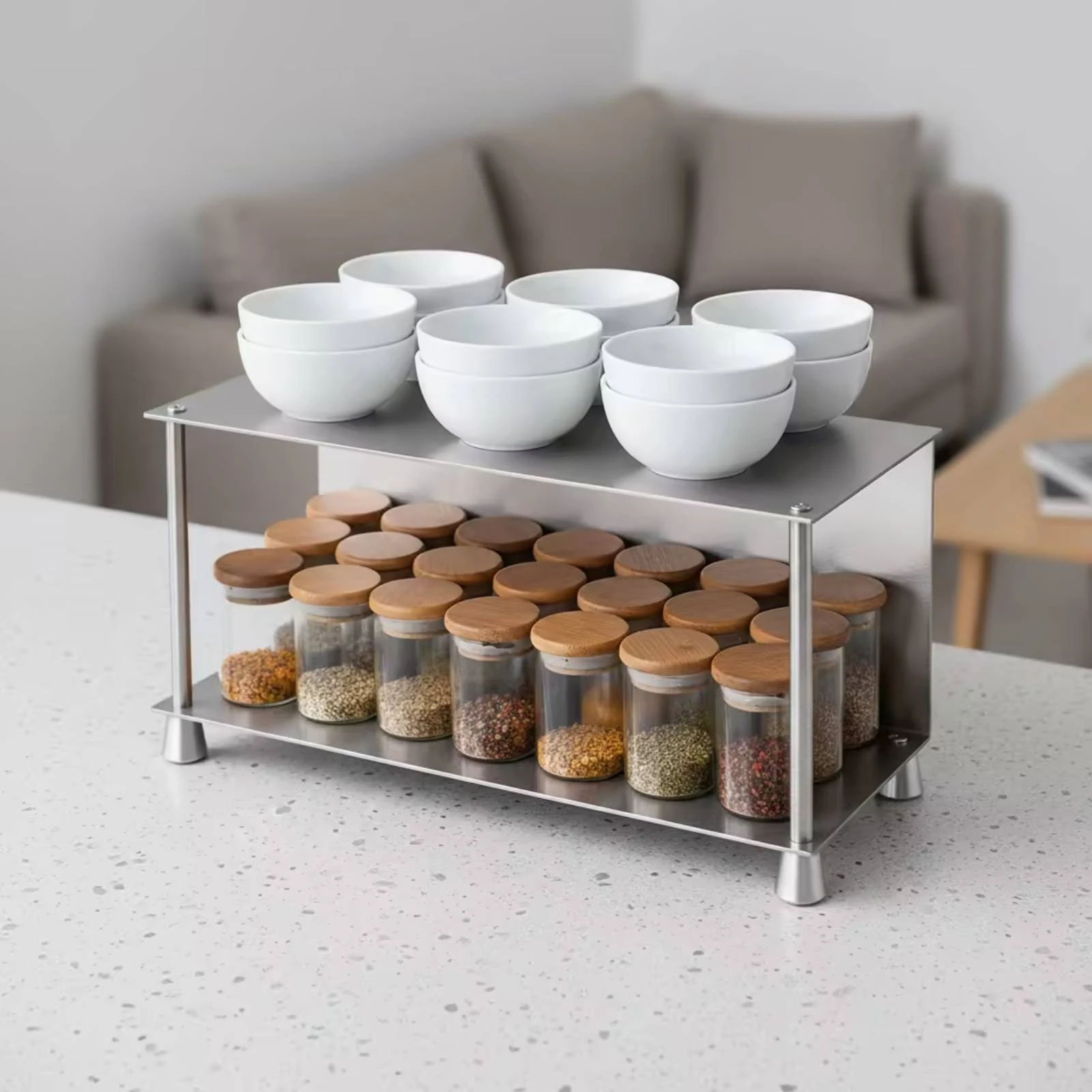 Stainless Steel Desktop Rack Easy-to-Clean Desktop Storage Organizer 2-Tier Storage Rack Multipurpose Double Layer Shelf