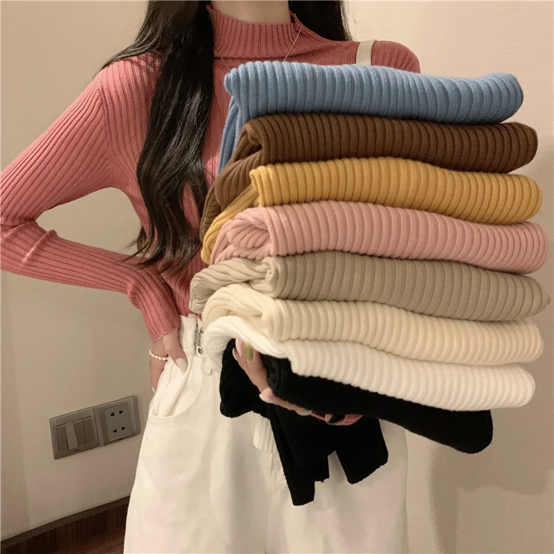 Dolcevita spesso coreano pullover da donna a maniche lunghe sottile 2025 maglione autunno inverno lavorato a maglia maglione versatile tinta unita femminile