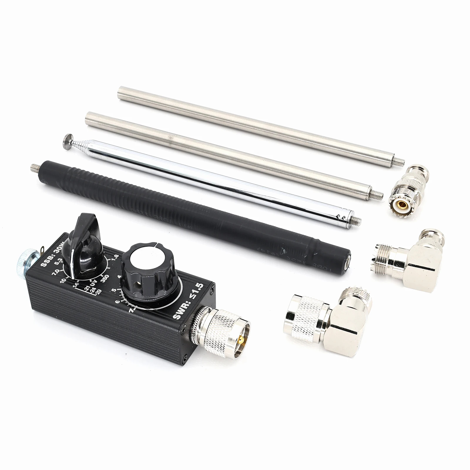 هوائي عالمي HF/VHF/UHF 1.8-470 ميجا هرتز - طاقة 30 وات، مقبض SWR قابل للتعديل، يتضمن 3 محولات للراديو