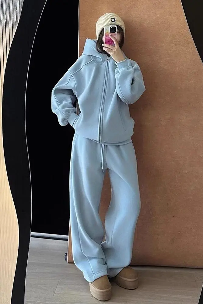 

Хлопковый комплект спортивной одежды для женщин, осенне-зимняя флисовая толстая свободная модная толстовка с капюшоном, повседневная трендовая одежда из двух предметов для бега