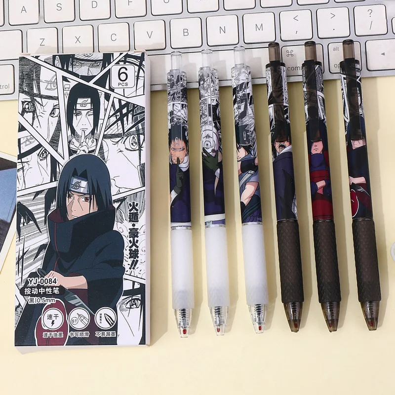 6pcs Anime Naruto Action Figure Manga Gel Pen Set Cartoon Uchiba Clan Sasuke Figures Printing Writing Ballpoint Pen Toys Gifts