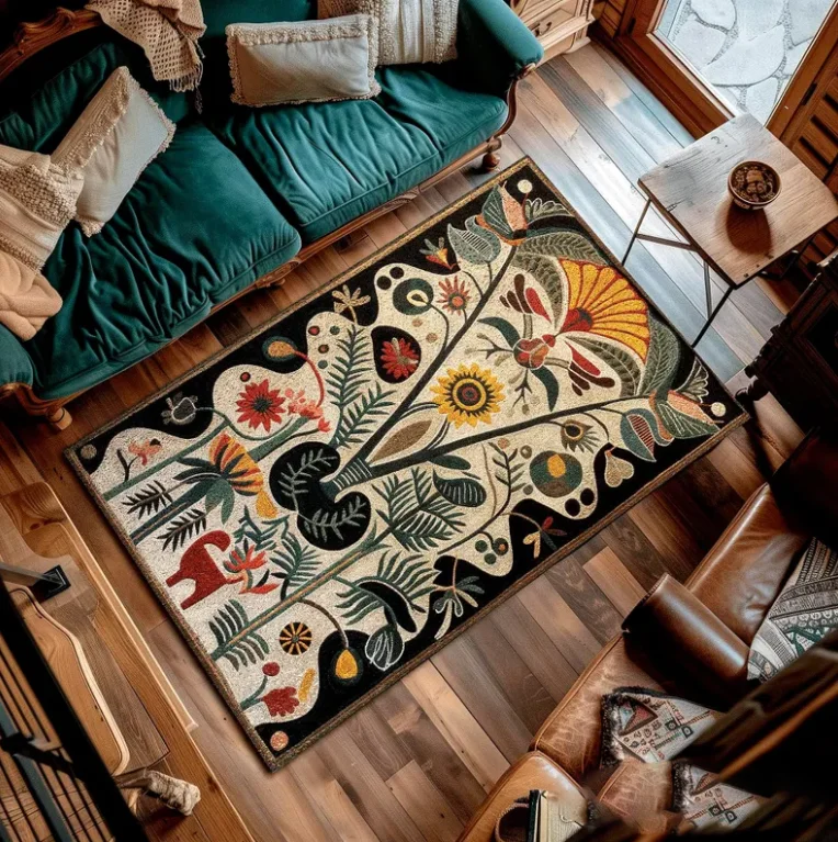 Boho Flower Accent Rug Indie Floral Aesthetic Living Room Home Decor Rustic Housewarming Gift Cottagecore Earth Tone Bedroom Mat